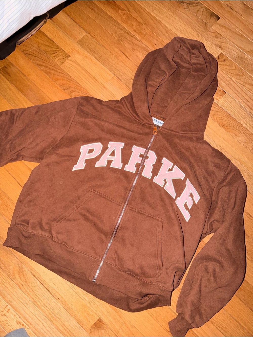 Parker Brown Full-Zip Hoodie with Contrast White Lettering